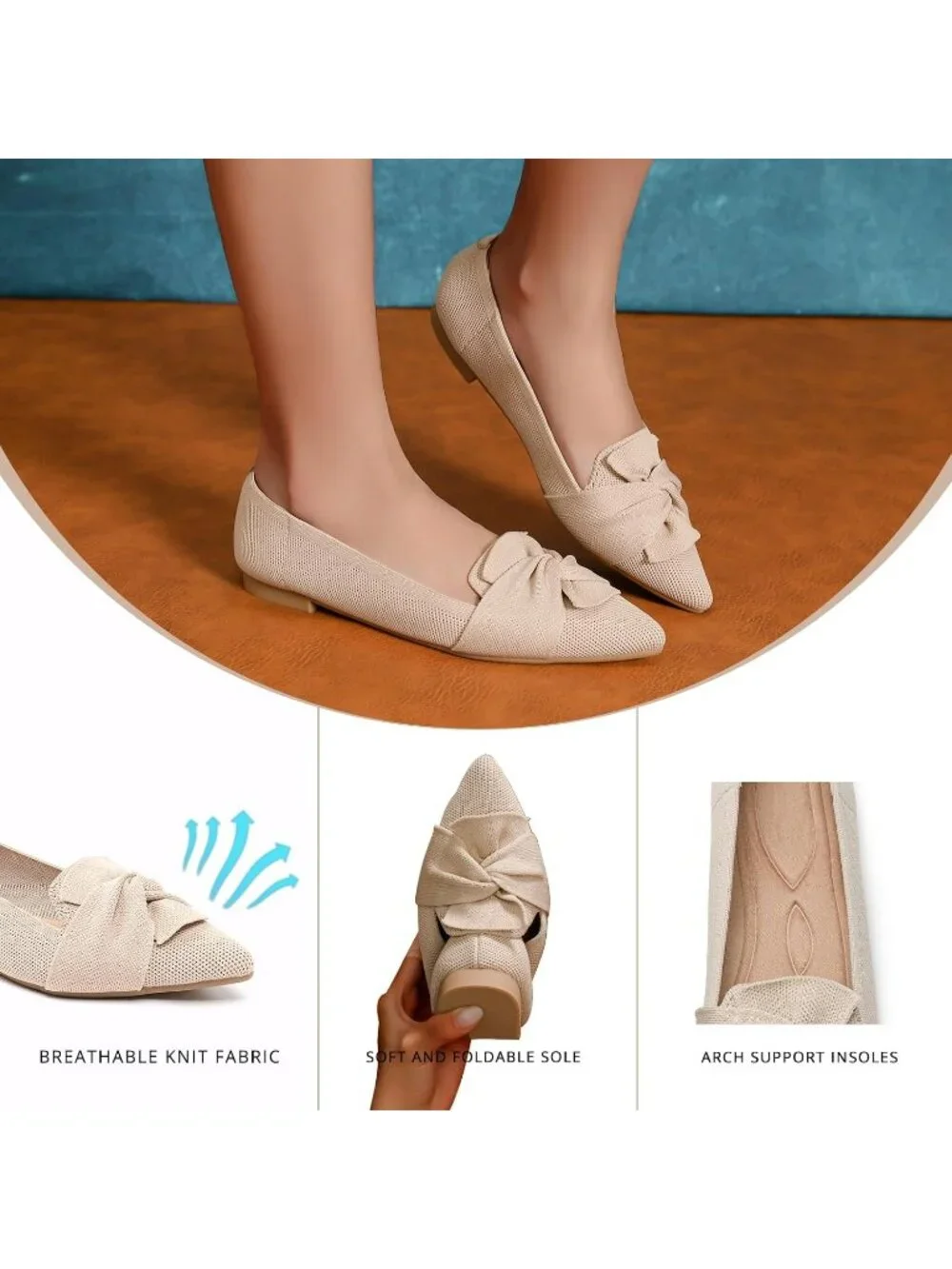 Women's Cream Comfortable Pointed Toe Knit Foldable Slip On Ballet Flat Shoes